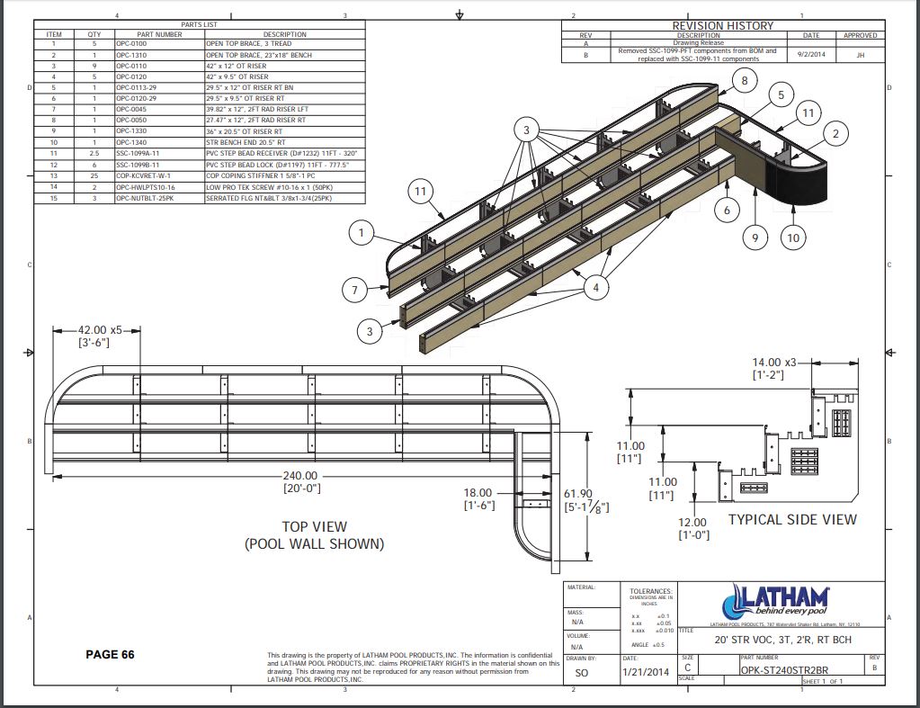 20' Straight Step Polymer 2'R 3-Tread w/ Right Bench